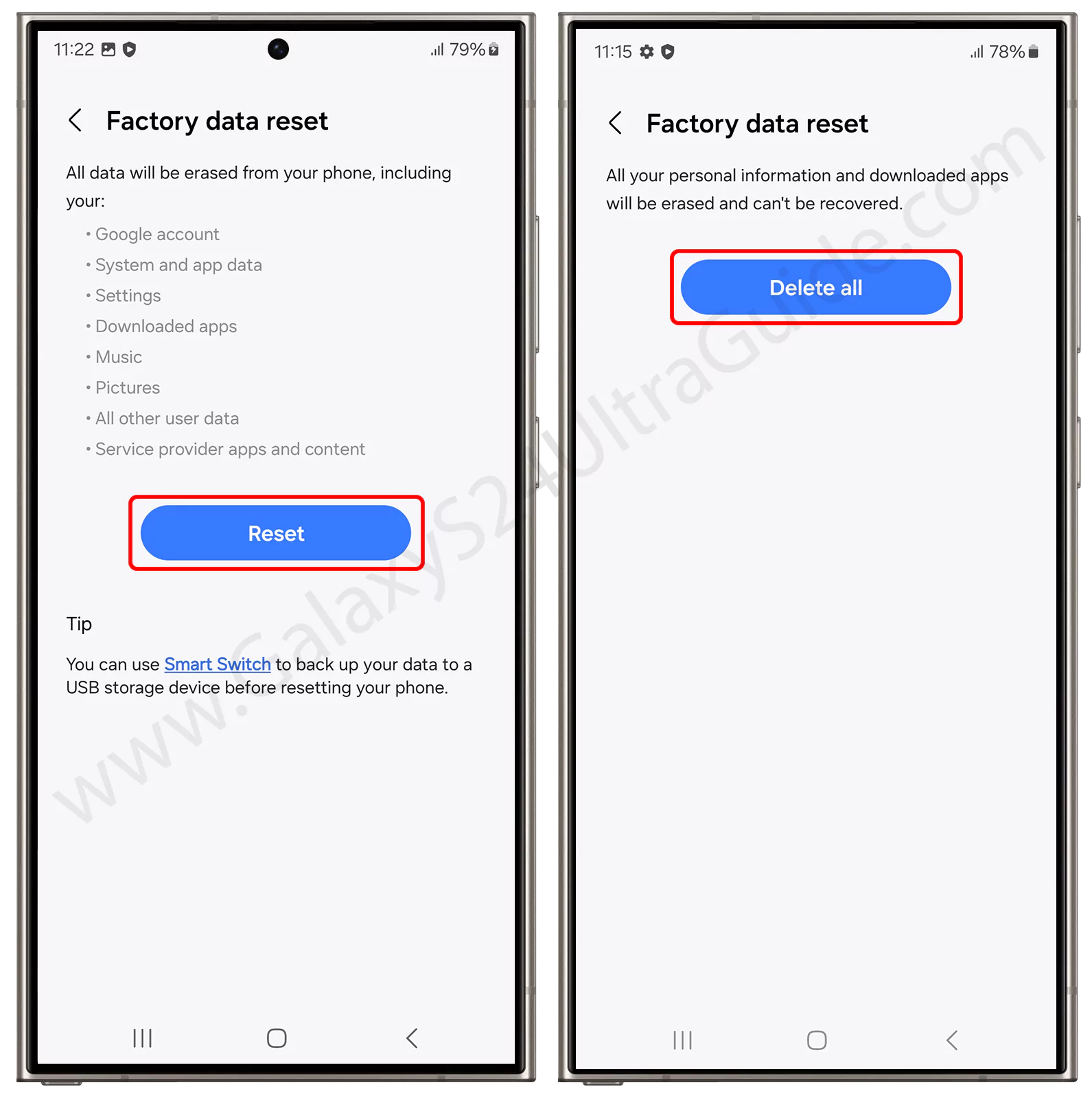 Factory Reset Samsung Galaxy S24 Ultra Confirm Reset