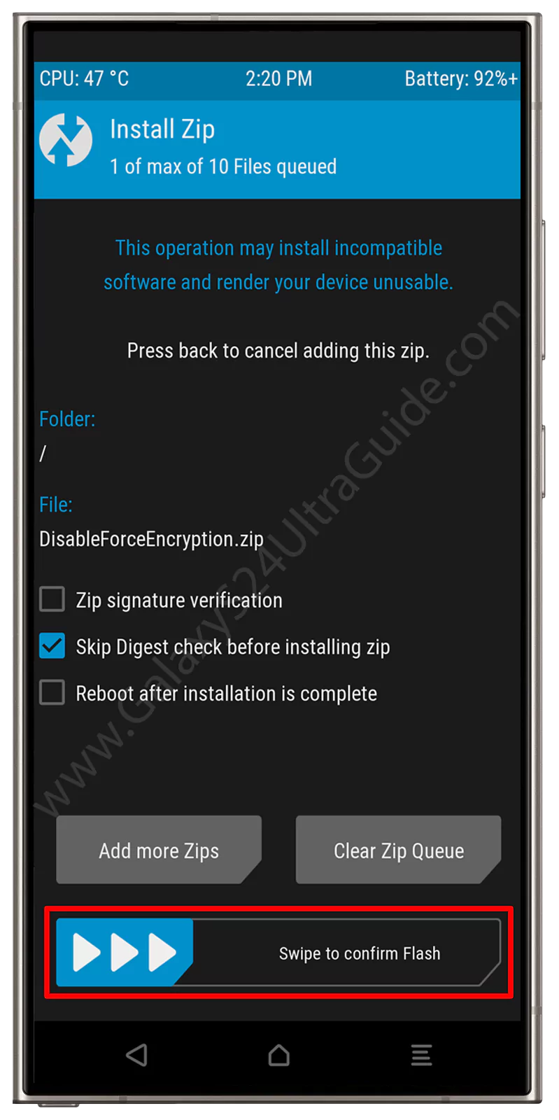 samsung galaxy s24 ultra twrp disable dm verity force encrypt confirm flash