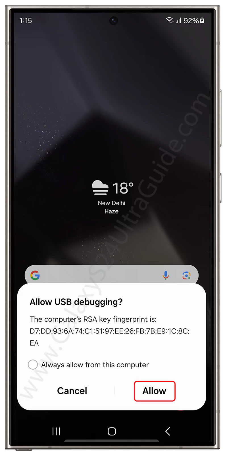 galaxy s24 ultra allow usb debugging prompt